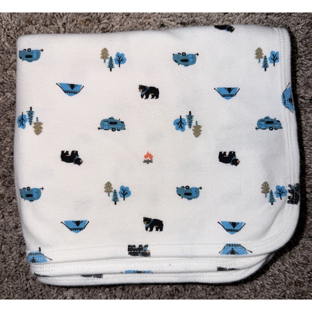 Carter's Camping Baby Blanket Stretch Jersey White Blue Bear Tent Fire Tree